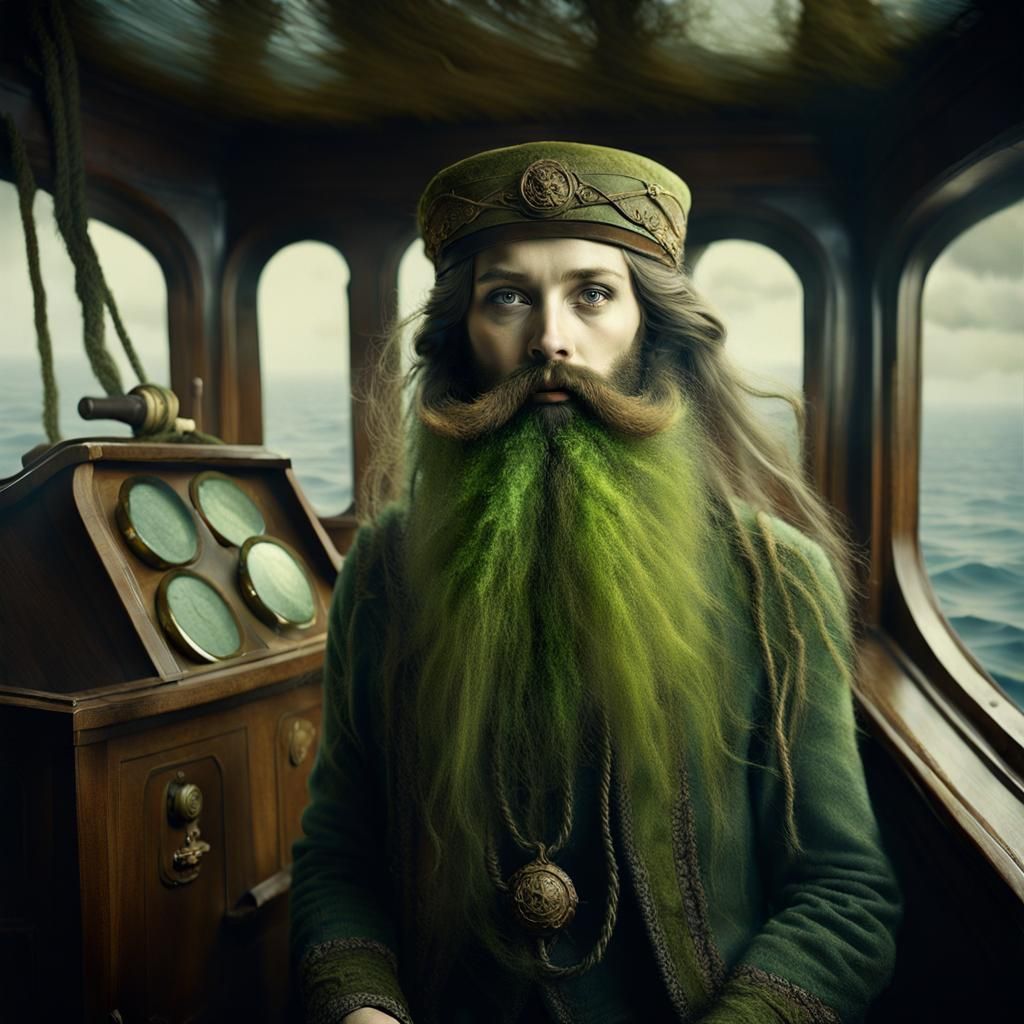 Woman with Mossy Beard Piloting Ship: Eerie Portrait