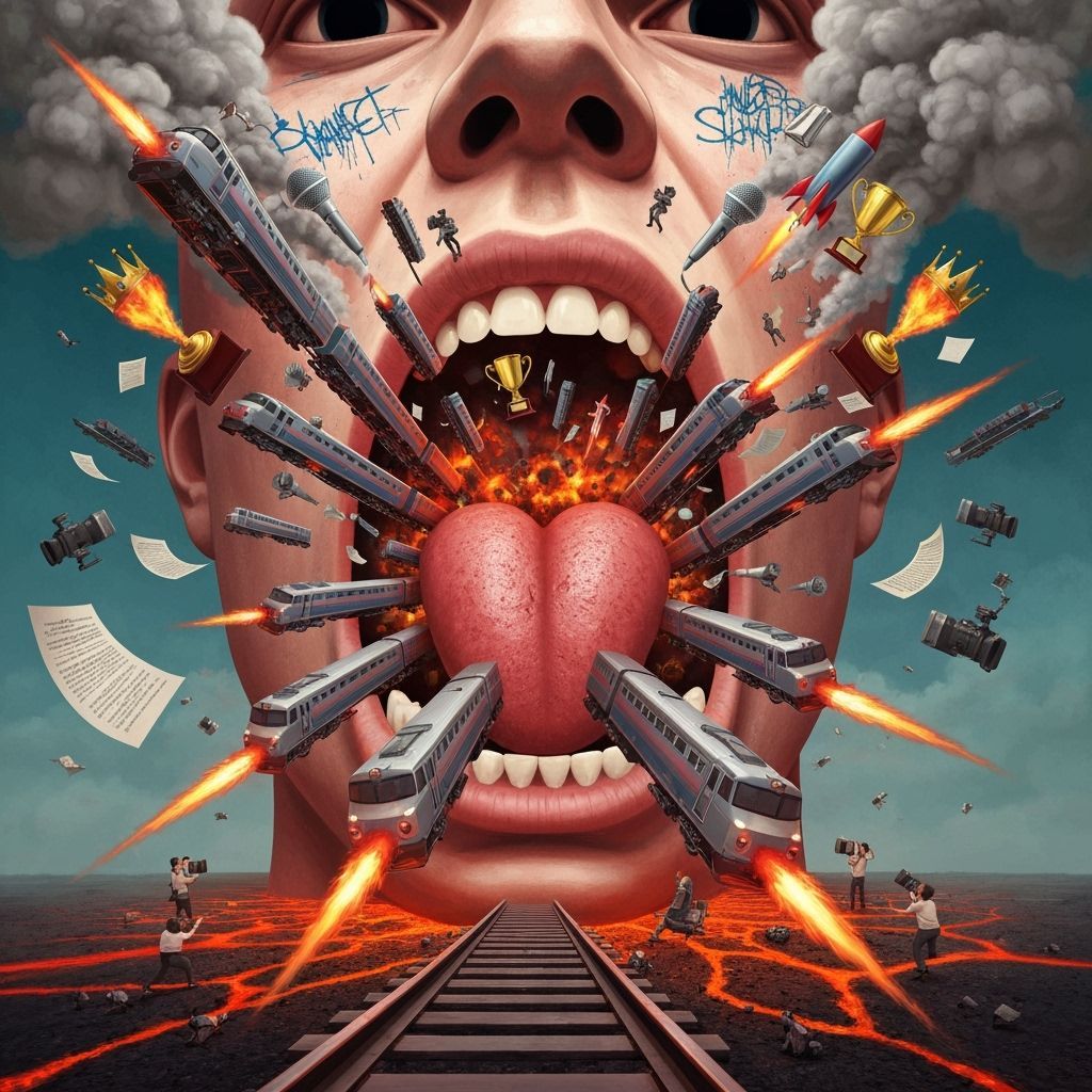 Explosive Surreal Head Erupts with Trains and Symbols