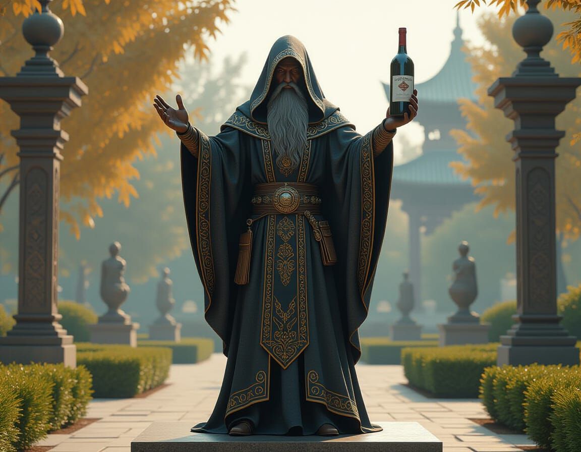 Granite Statue in Mystical Park, Matte Painting Style