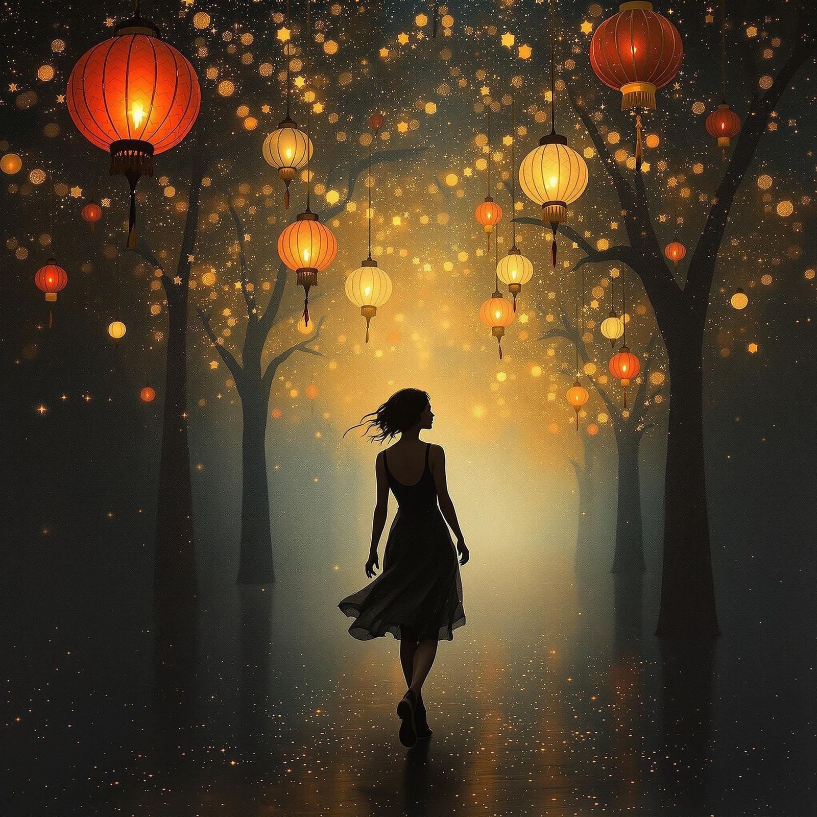 Woman Walking Beneath Festive Lights in Dreamy Bill Jacklin ...