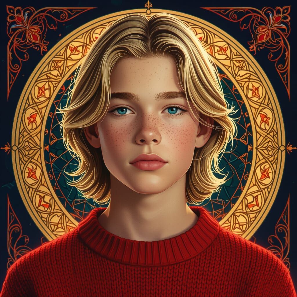 Teenage Boy Portrait with Dynamic Lighting and Vibrant Color...