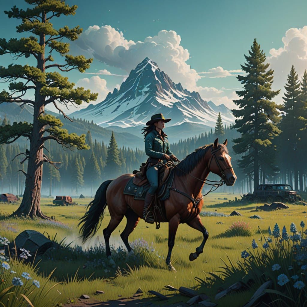 Majestic Cowgirl and Stallion in a Fantastical Meadow