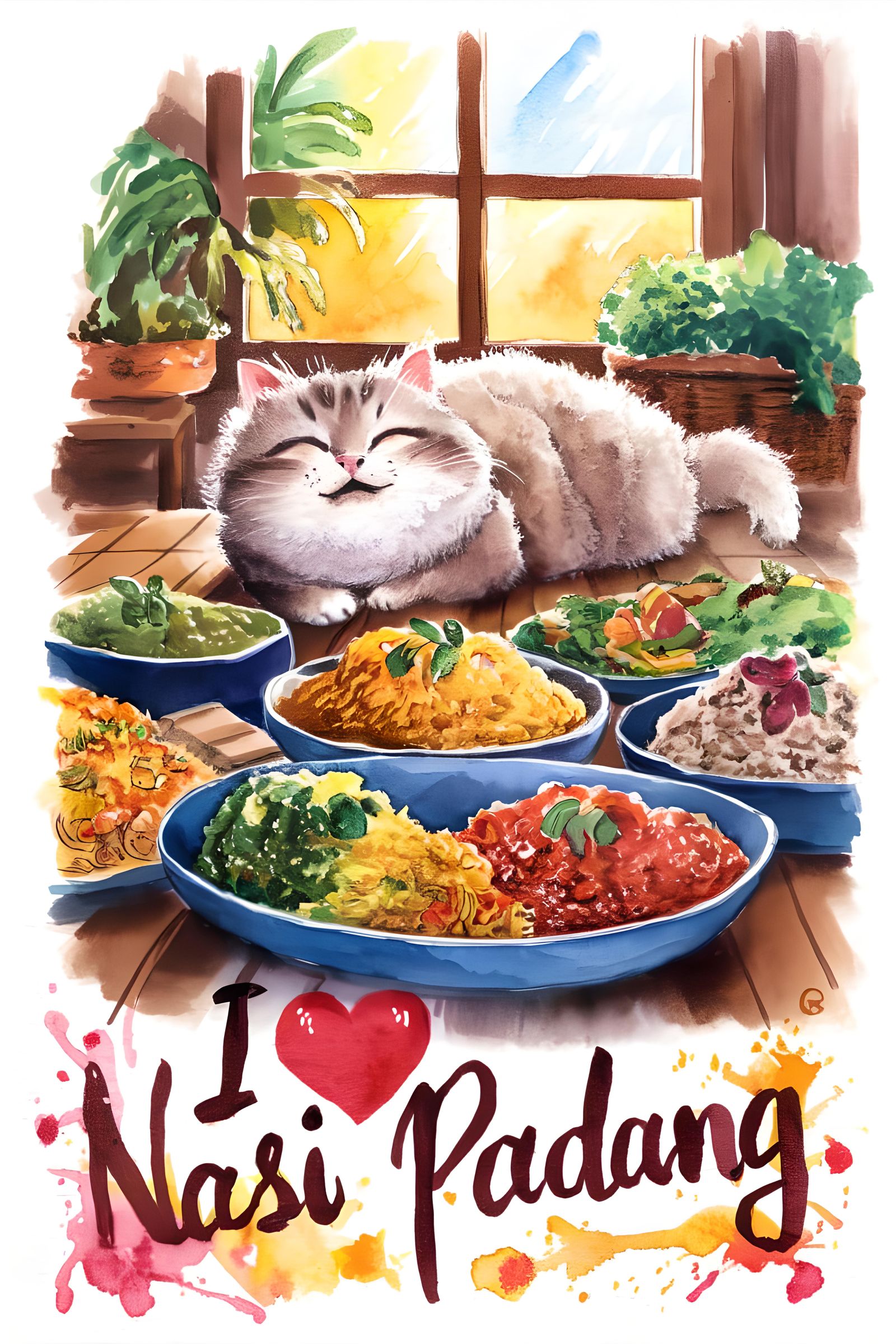 Cat's Bliss: A Watercolor Nasi Padang Feast