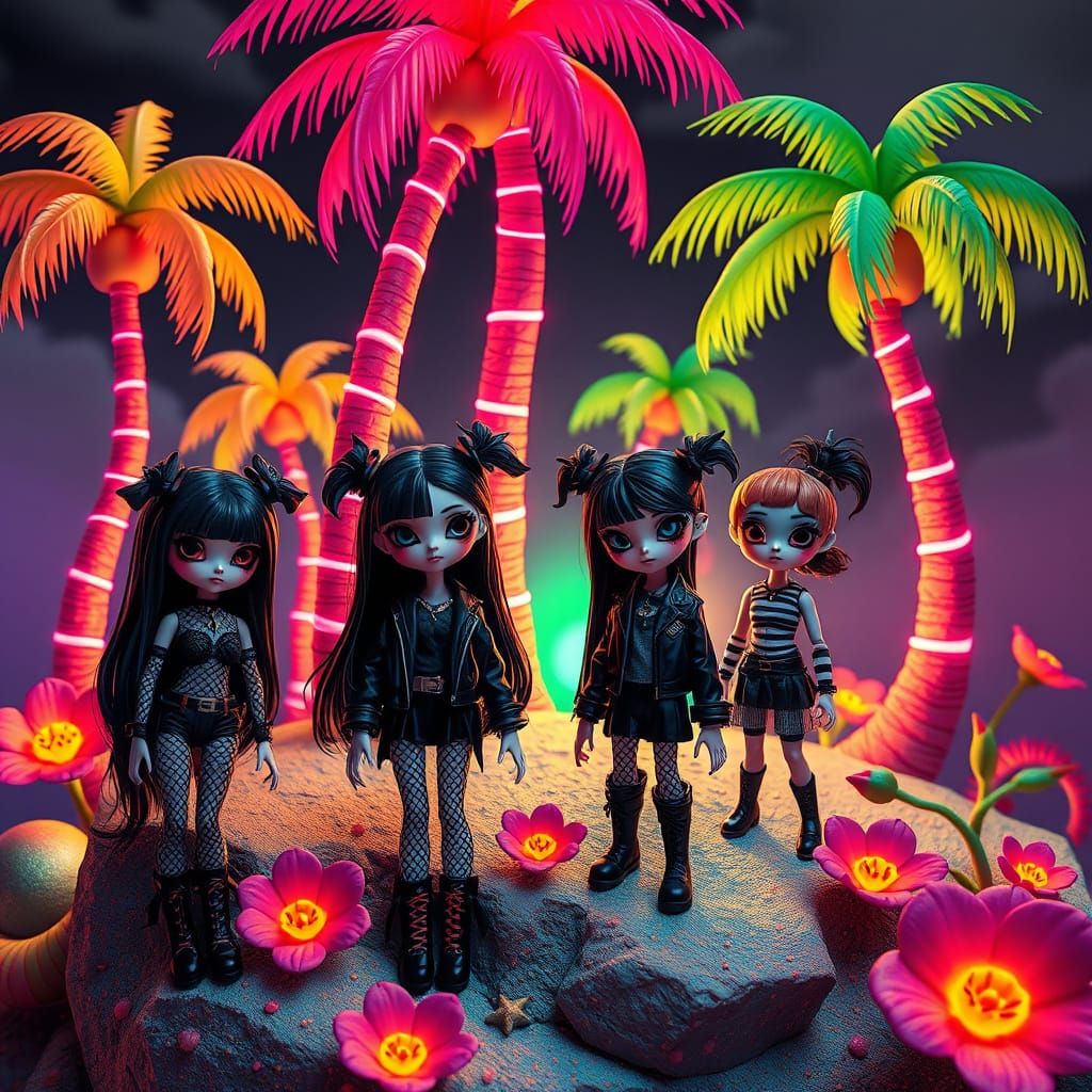 Emo Goth Dolls on Whimsical Pastel Island