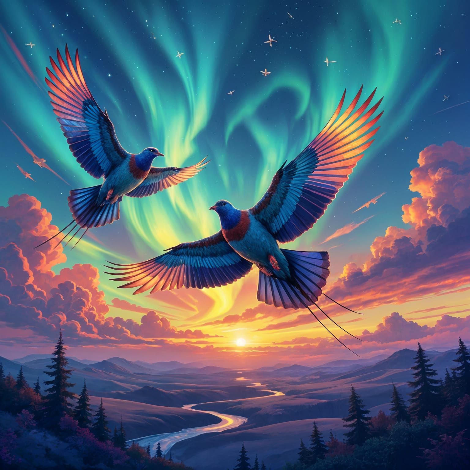 Passenger Pigeons Soaring Through a Kaleidoscopic Sky