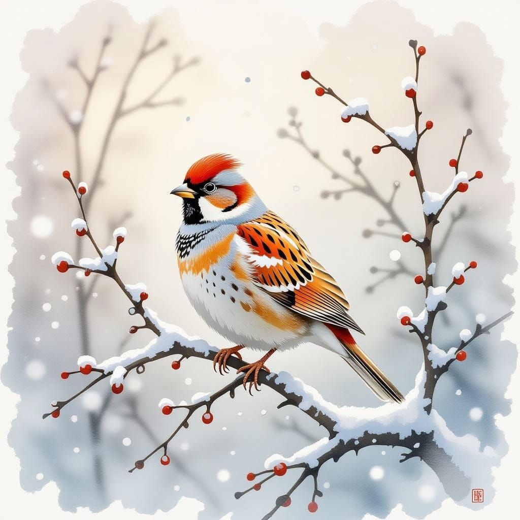 Whimsical Snowy Partridge in Dreamy Watercolour Landscape