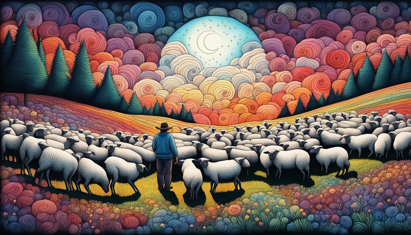 Shepherd Watches Flock Under Iridescent Moon
