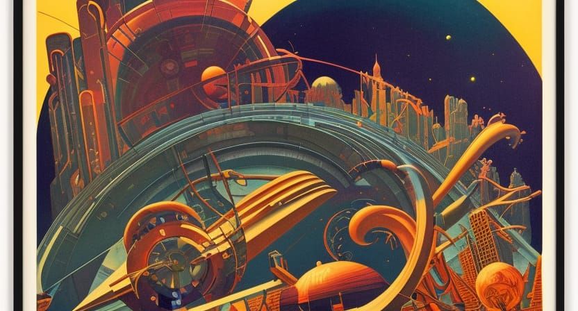 Futurism, Cosmic Architecture 1920s detailed retro-psychedelic film poster by Bernie Wrightson, Pendleton Ward, Dan Mumf...