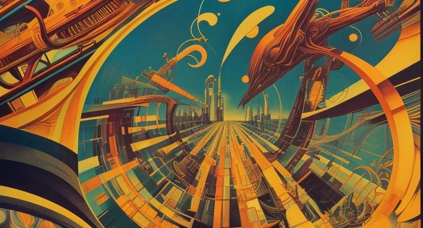 Futurism, Cosmic Architecture 1920s detailed retro-psychedelic film poster by Bernie Wrightson, Pendleton Ward, Dan Mumf...