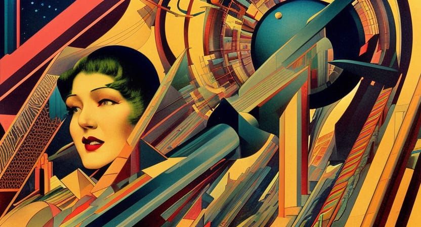 Futurism, Cosmic Architecture 1920s detailed retro-psychedelic film poster by Bernie Wrightson, Pendleton Ward, Dan Mumf...