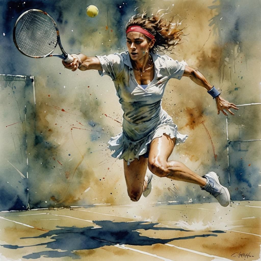 Tennis Player Diving: Vibrant Watercolor Art