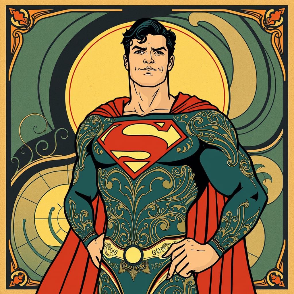 Art Nouveau Superman with Enchanting Smile and Mischief Glin...