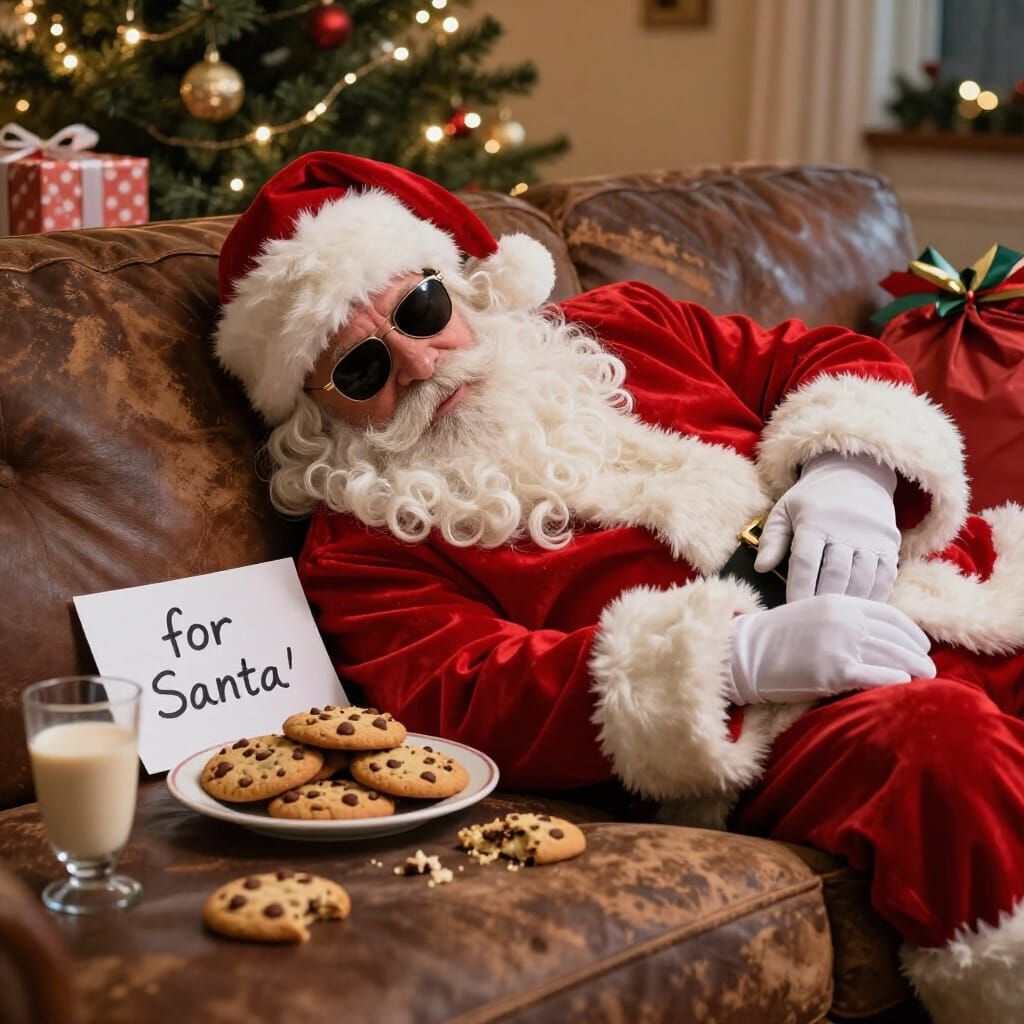 Photorealistic Santa Asleep on Couch After Cookies