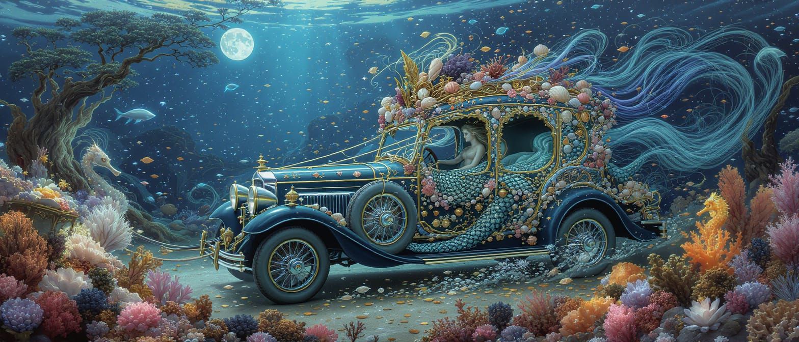 Mermaid's Classic Car Chariot in Pre-Raphaelite Style