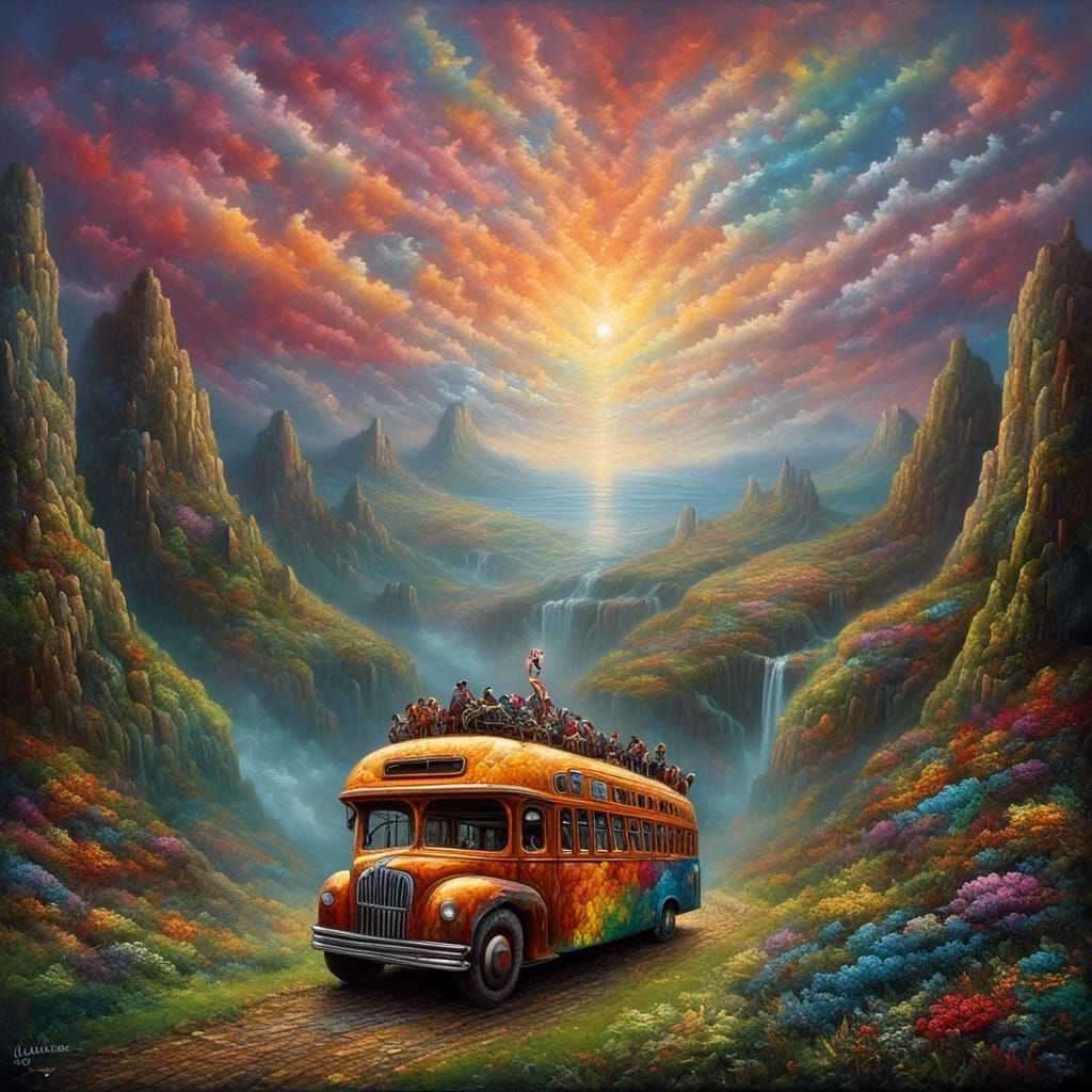 Psychedelic Bus to Never Ever Land: Oil Painting