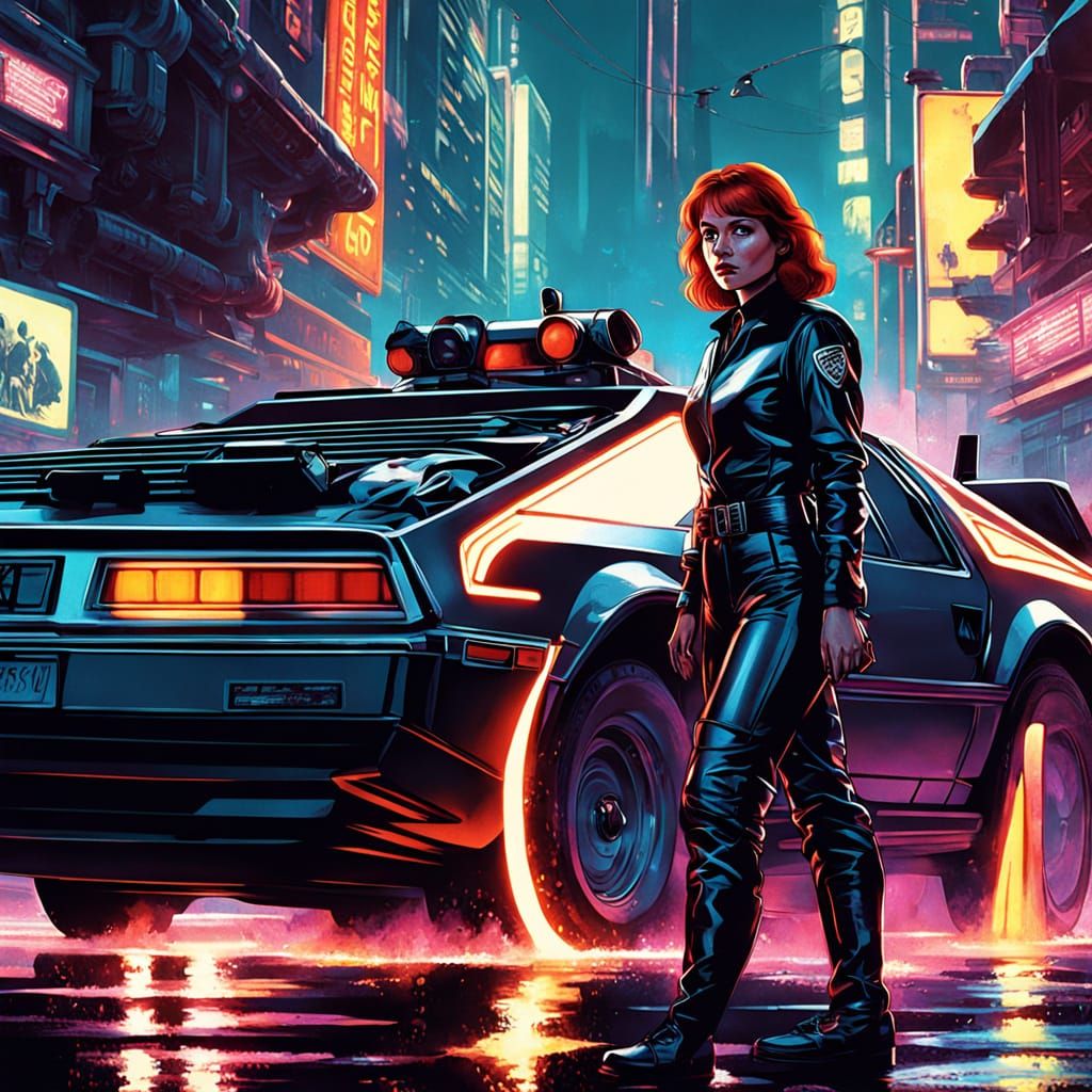 Redhead Officer in Retro Sci-Fi Cityscape