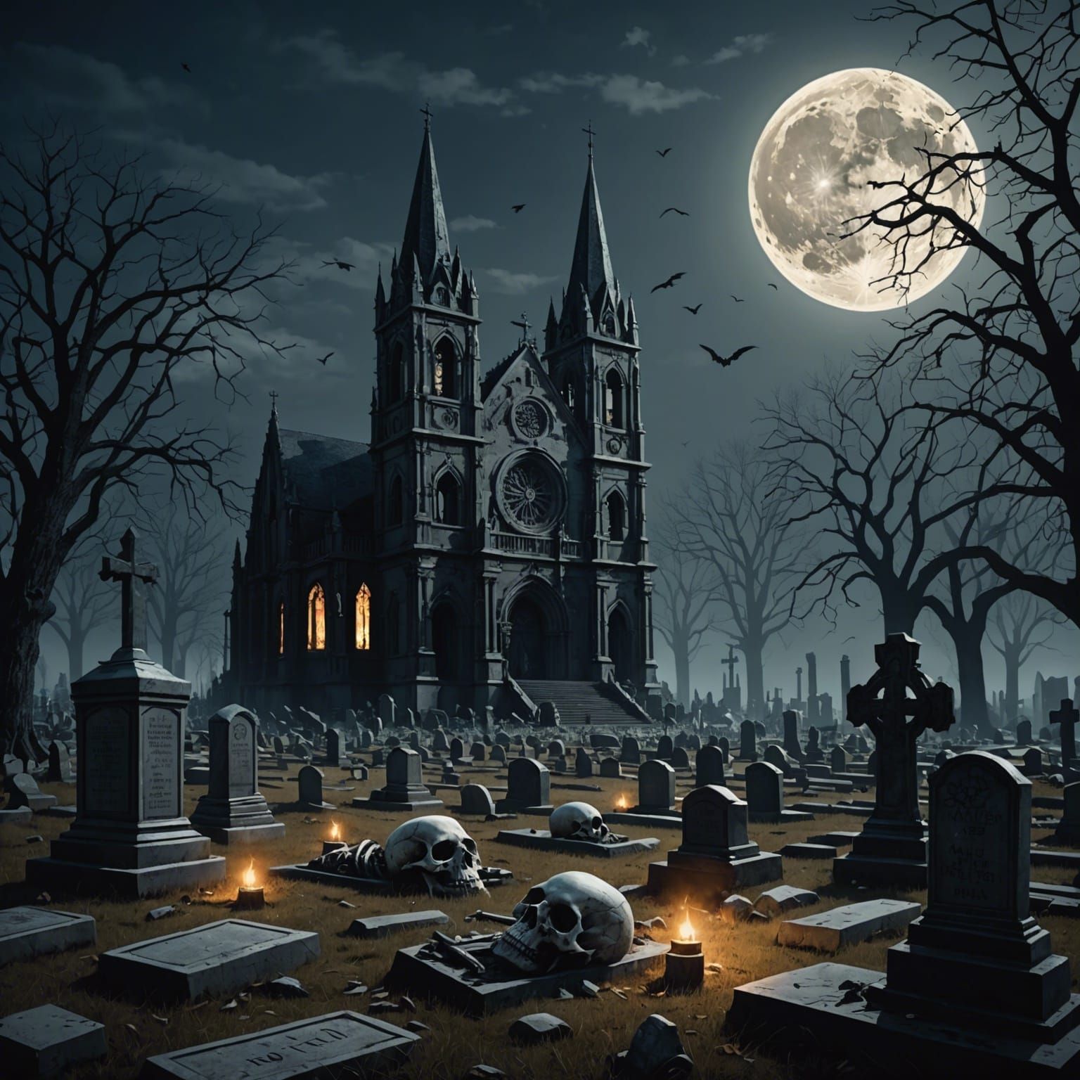 Sinister Bone Cathedral in Moonlit Cemetery
