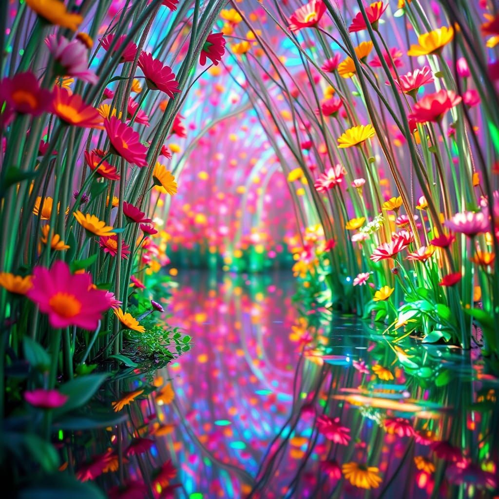 Surreal Floral Labyrinth in Vibrant, Chromatic Splendor