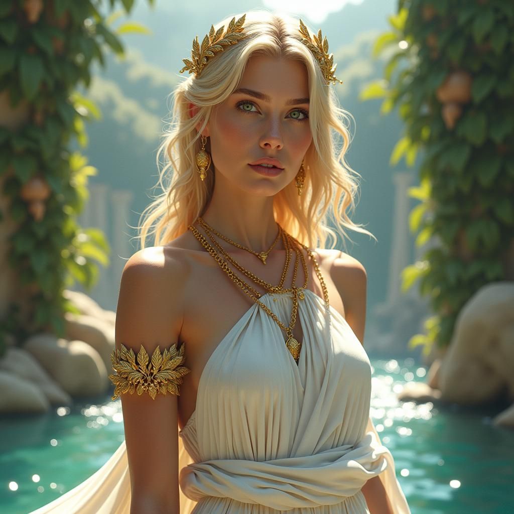 Blonde Goddess in Greek Setting, Hyperrealistic Art