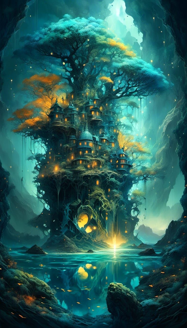 Fantasy Treehouse at Ocean Bottom: Ink Drawing