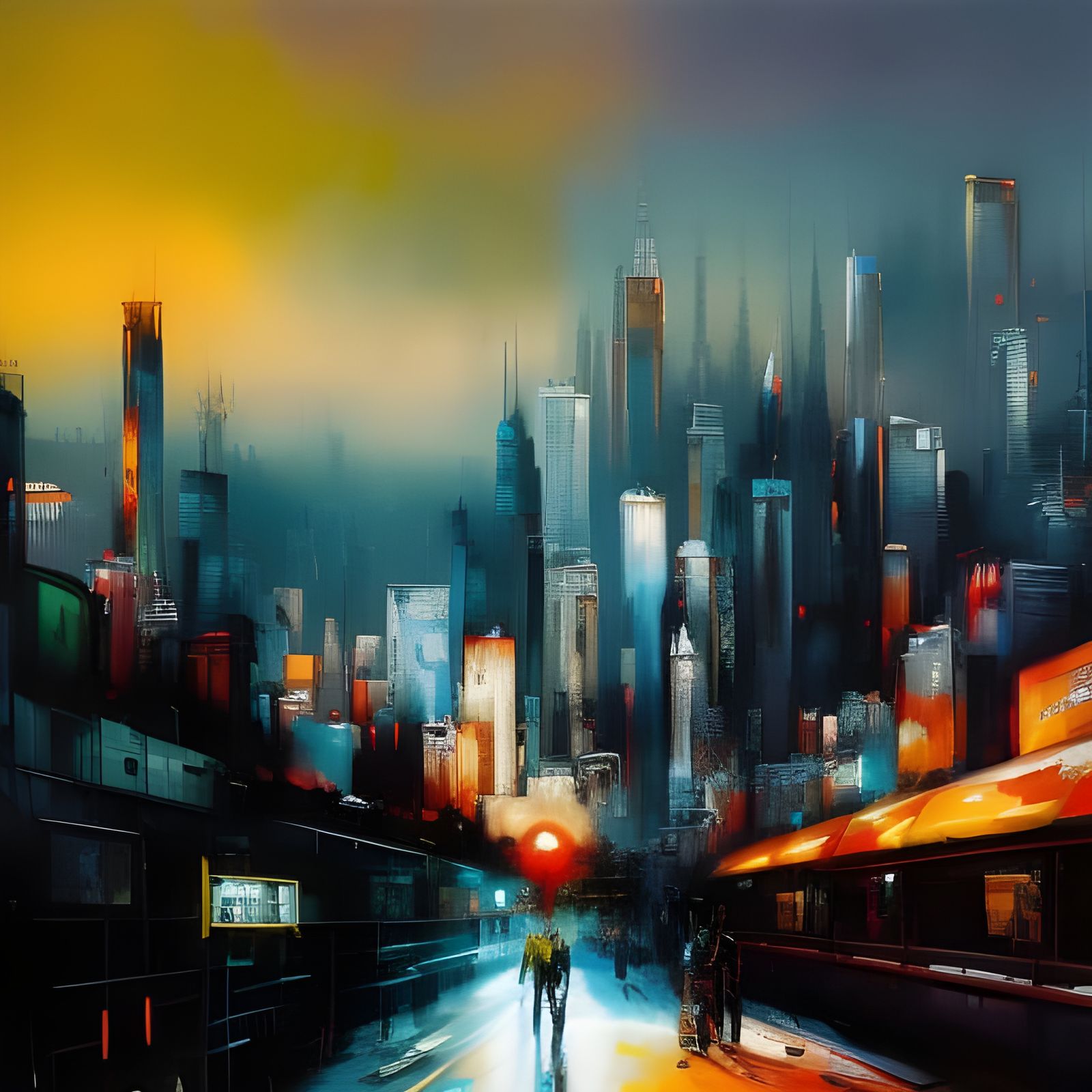 Night Cityscape with Elevated Train in Digital Art Style