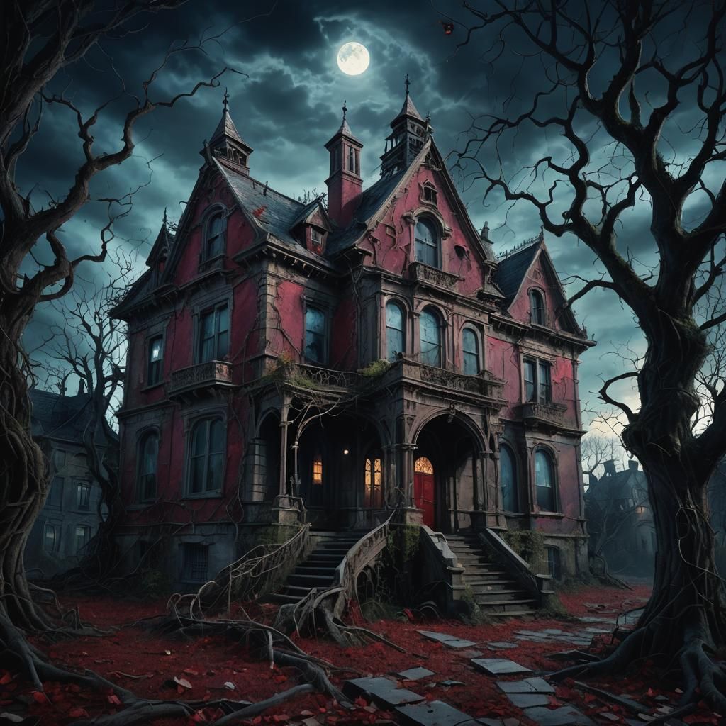 Eerie Gothic Mansion Under Crimson Moon