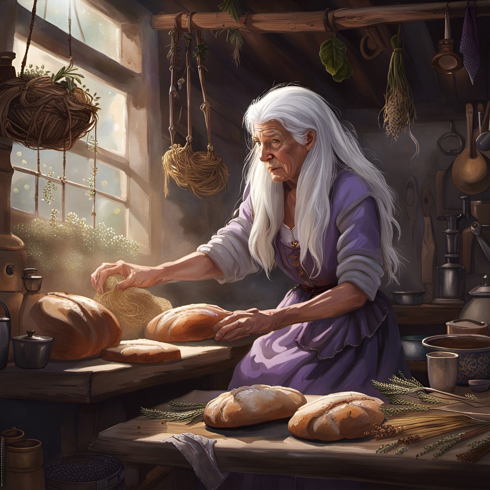Hyperrealistic Witch Baking Bread in Cottage Kitchen