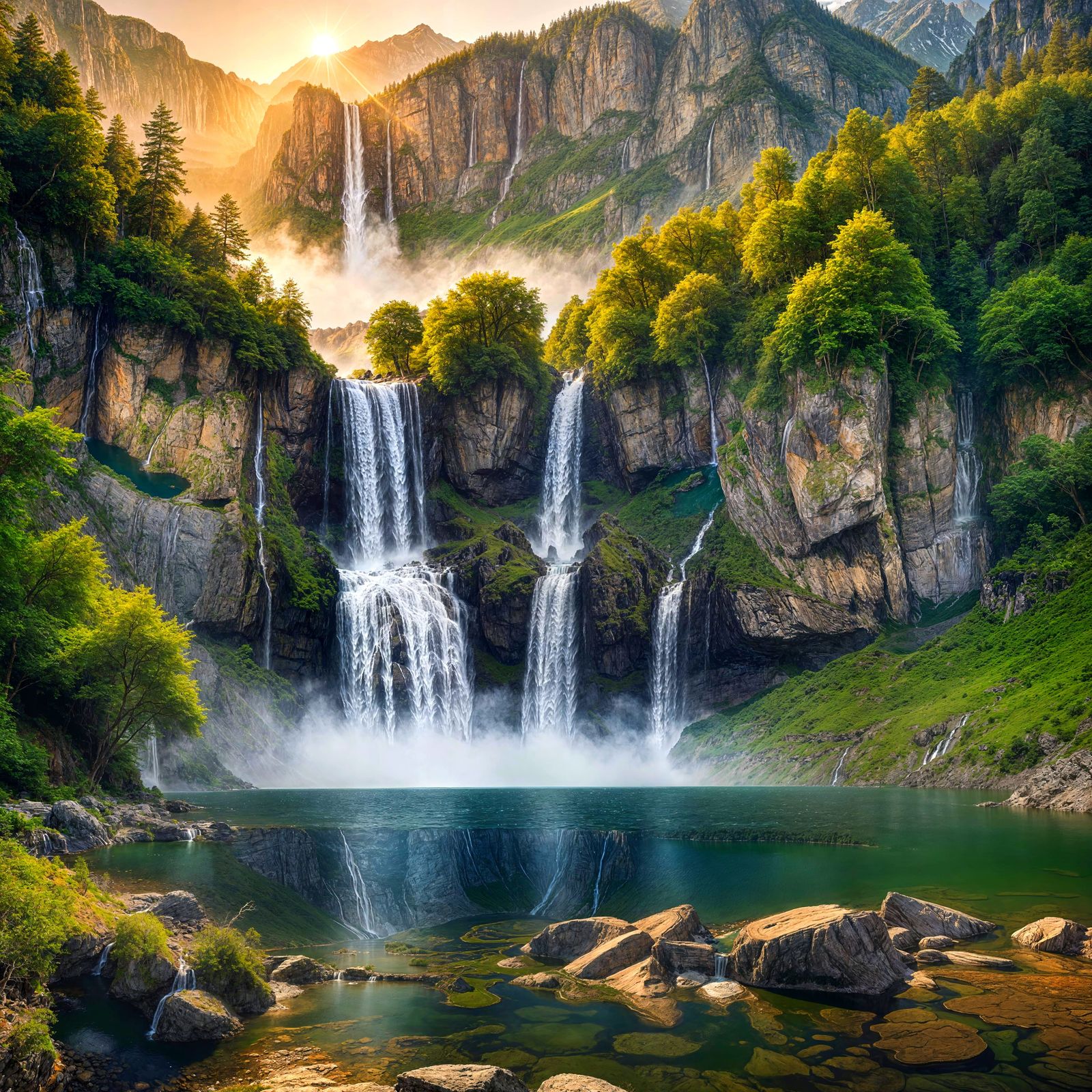 Scenic Lake and Waterfall with Jagged Mountain Peaks