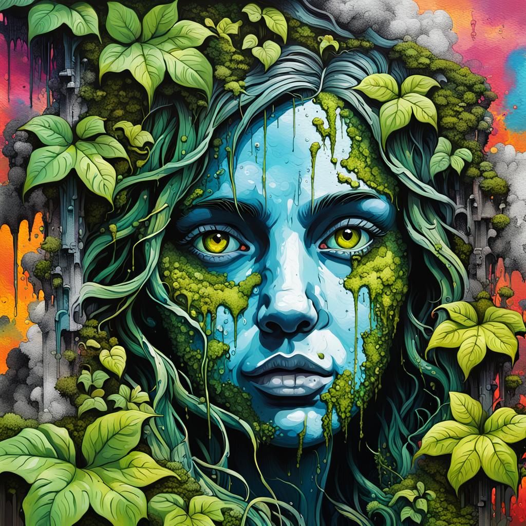 Overgrown City: Vines and Moss Graffiti Art