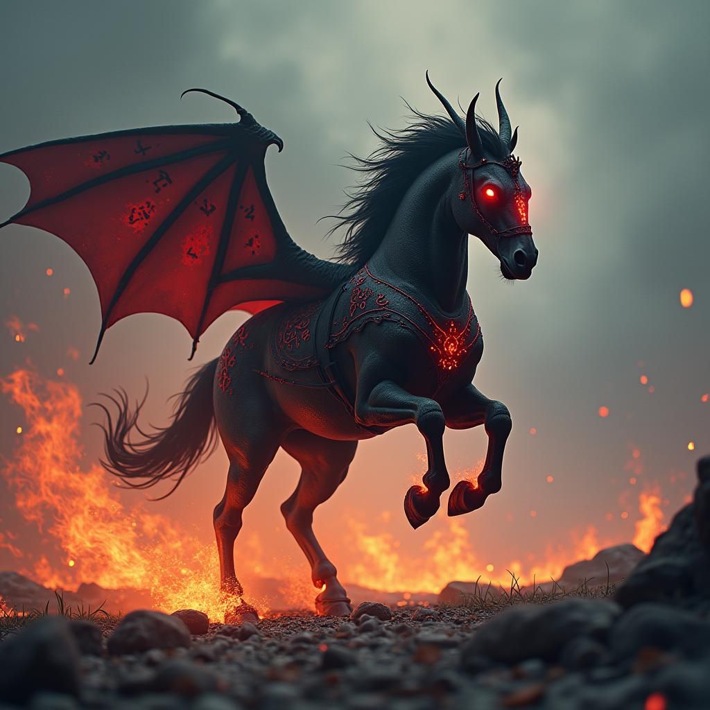 Majestic Demon Horse in Epic Fantasy Landscape