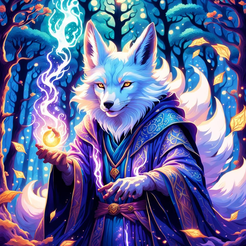 Kitsune Wizard Casting Spell in Mystical Forest