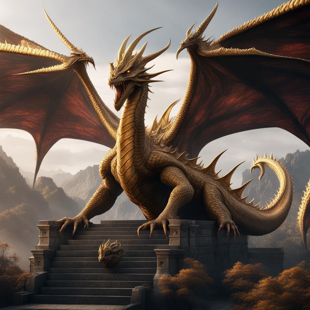 Detailed Matte Painting of King Ghidorah in Deep Color