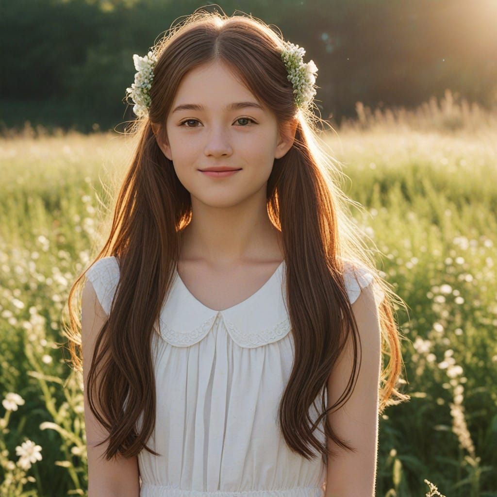 Delicate Girl in Sunlit Meadow with Crescent Moon Symbol