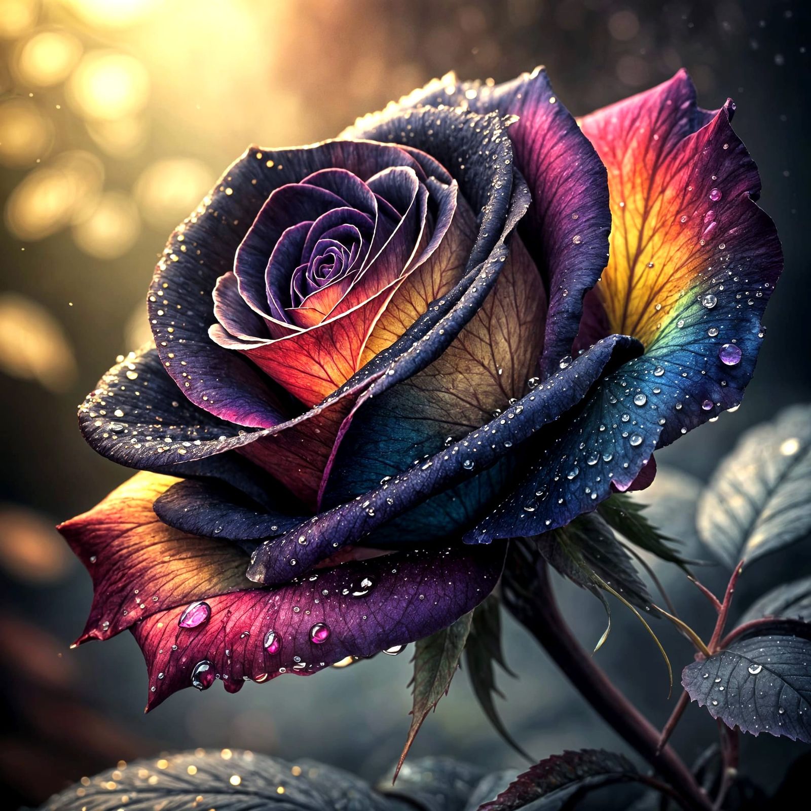 Black Rose with Rainbow Edges in Macro Detail