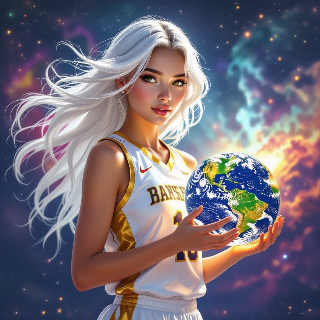 Celestial Woman with Earth Basketball in Galaxy