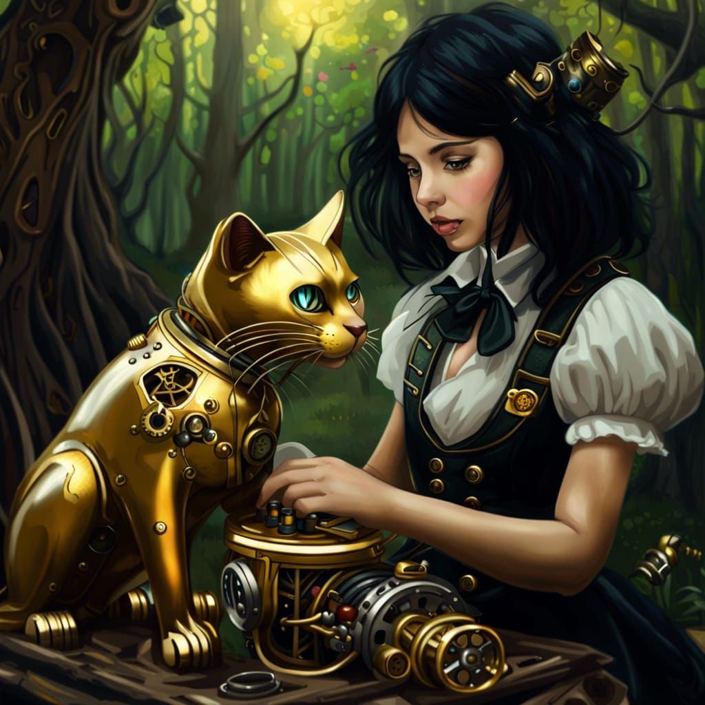 Girl and Golden Cat Play in Steampunk Forest