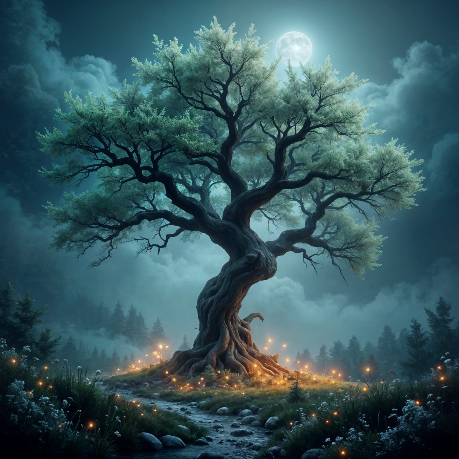 Ancient Tree with Glowing Flowers in Misty Moonlight Valley