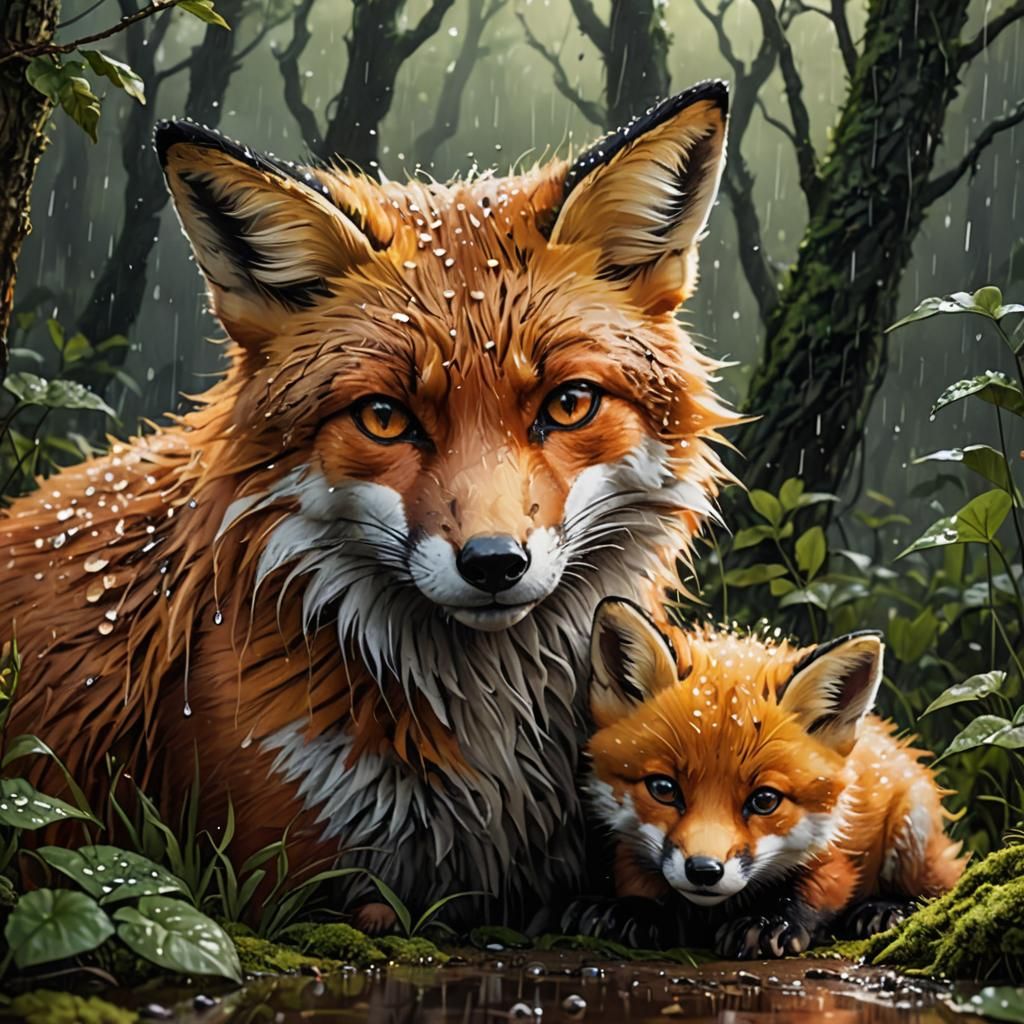 Mother Fox Protecting Cub in Rainy Forest Illustration