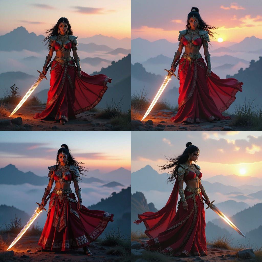 Indian Woman Warrior on Misty Hilltop, Heroic Fantasy