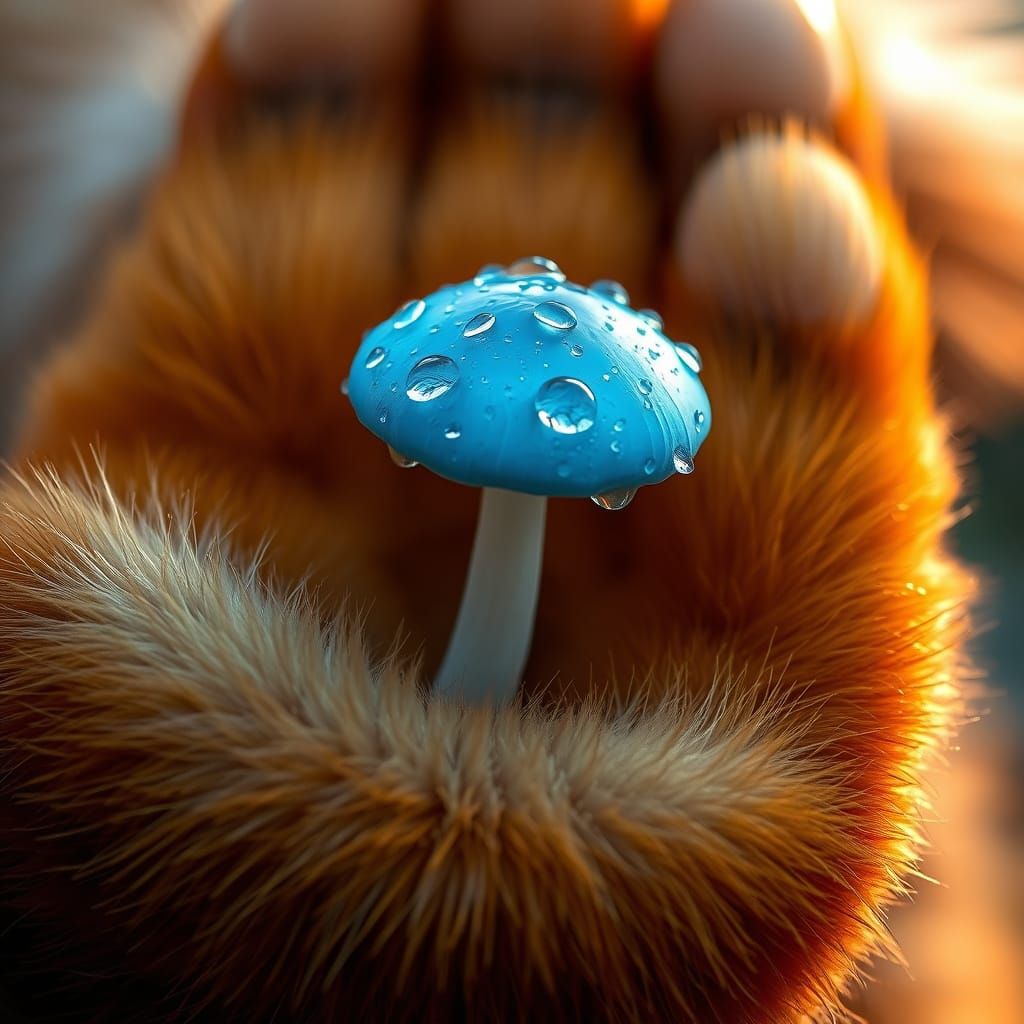Hyper-Realistic Red Panda Paw with Emerging Blue Mushroom