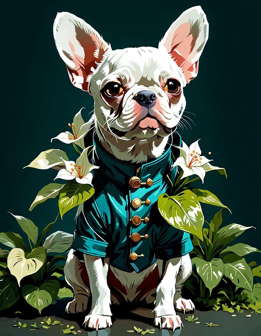 Frenchton in Vibrant Tropical Flower Costume, Digital Art
