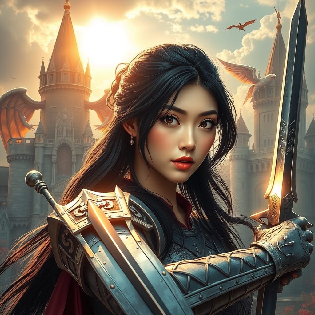 Warrior Woman with Enchanting Eyes in Art Nouveau Style