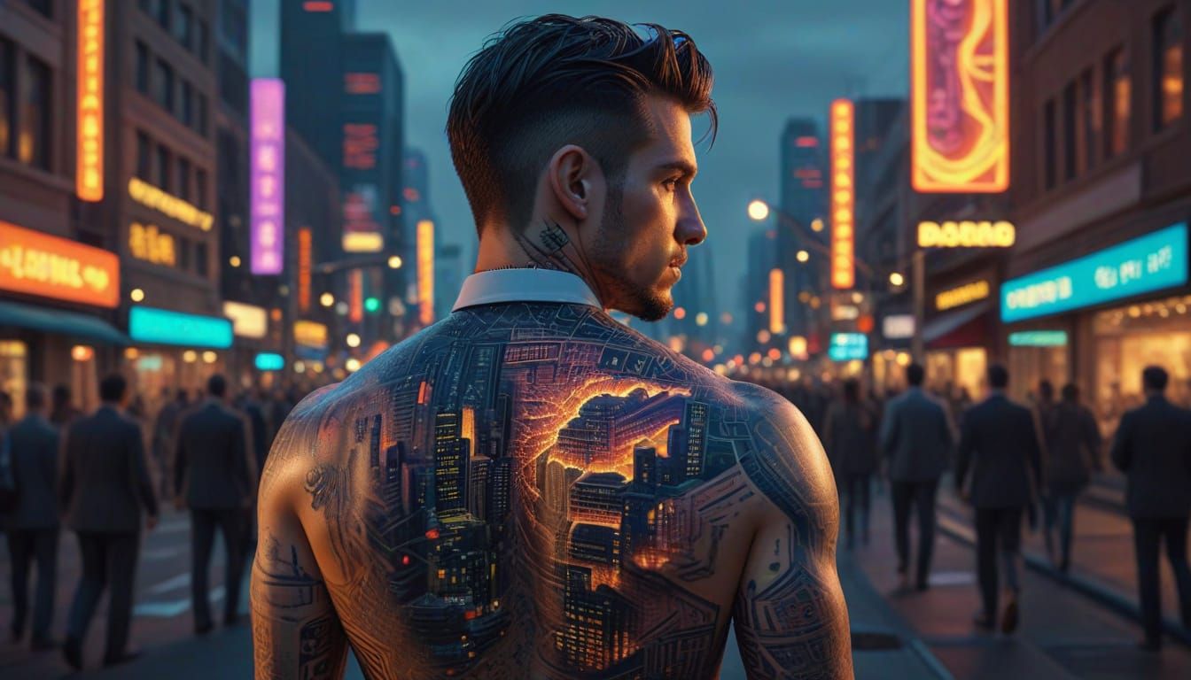 Businessman with Serial Number Tattoos on City Street