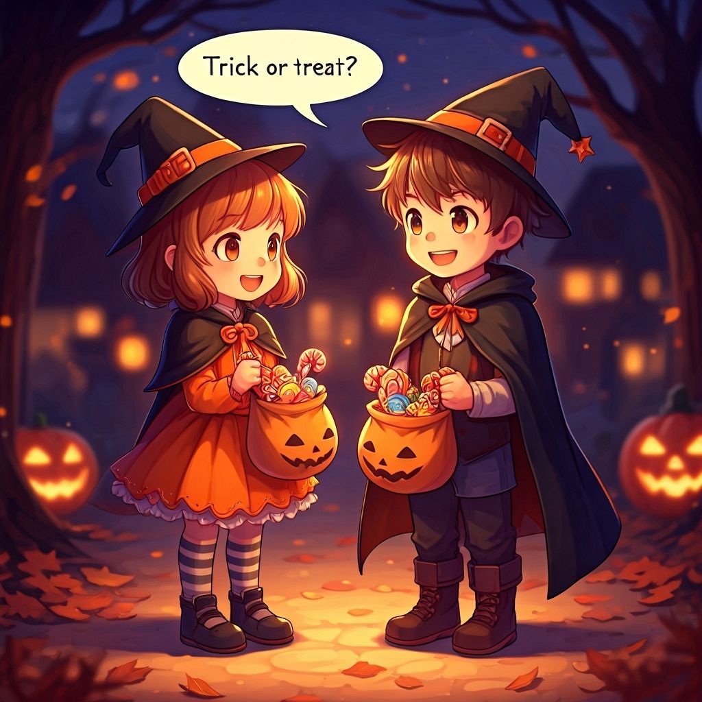 Anime Halloween Scene: Kids Exchanging Candy