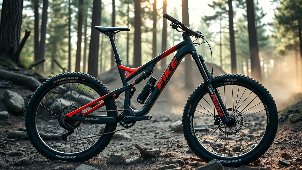 Downhill Mountain Bike on Forest Trail, Photorealistic
