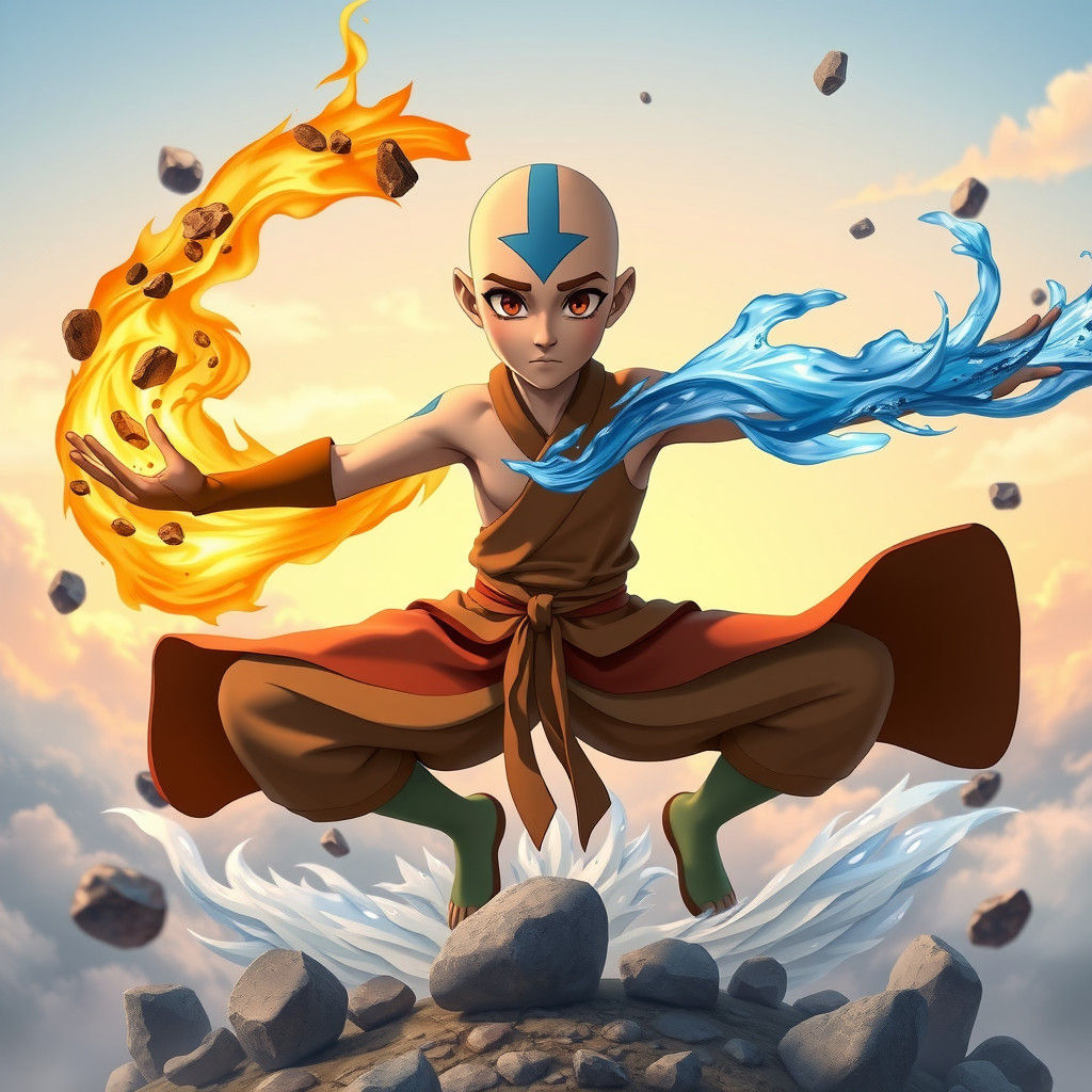 Avatar Aang From "Avatar: The Last Airbender" Bending All Four Elements (Earth, Water, Fire, Air)