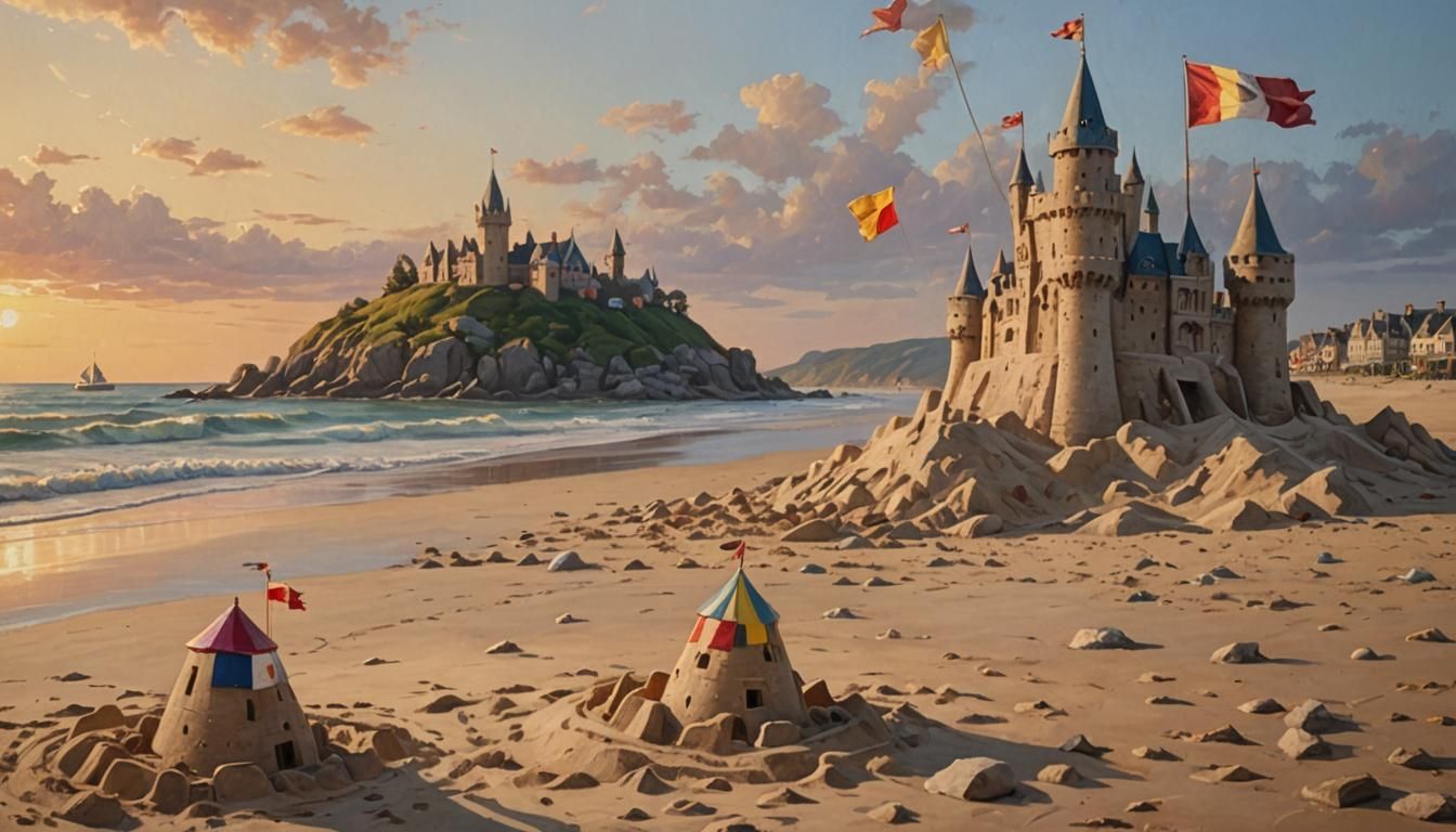 Golden Hour Sandcastle Kingdom: A Coastal Oil Painting