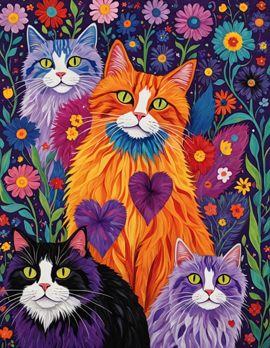 Psychedelic Fur Cats in Rows, Vibrant Art