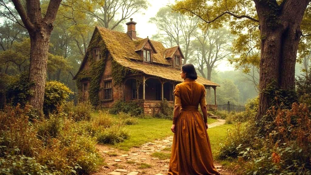 Mysterious Woman at Cottage in Surreal Oil Painting