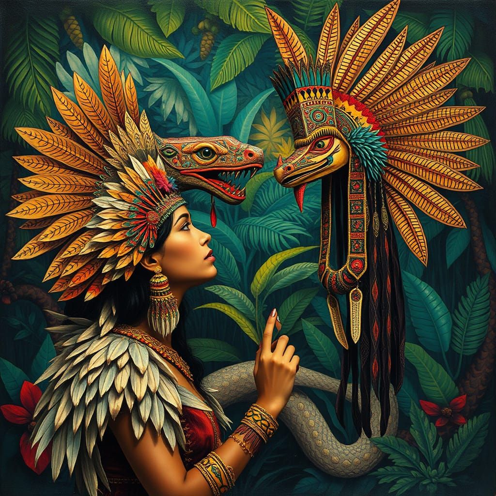 Maiden Reveres Quetzalcoatl in Vibrant Mesoamerican Jungle
